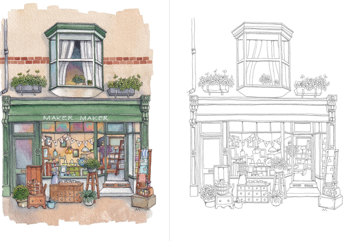 City shops Coloring Book by Urban Anna