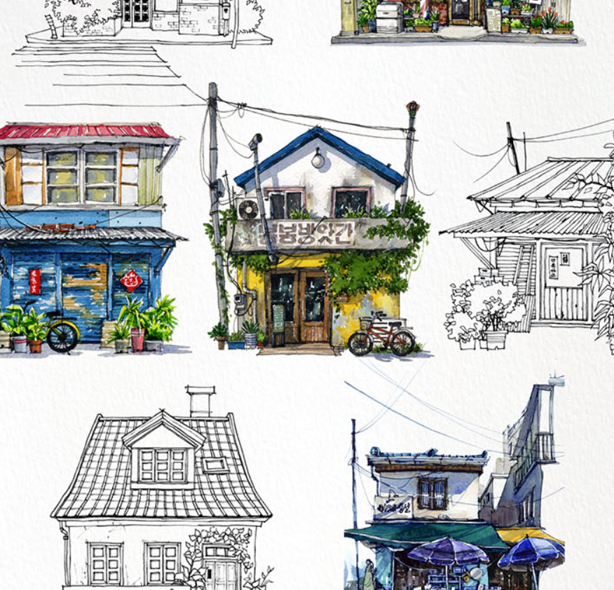 On such a wonderful day, Old shops in Korea Coloring Book