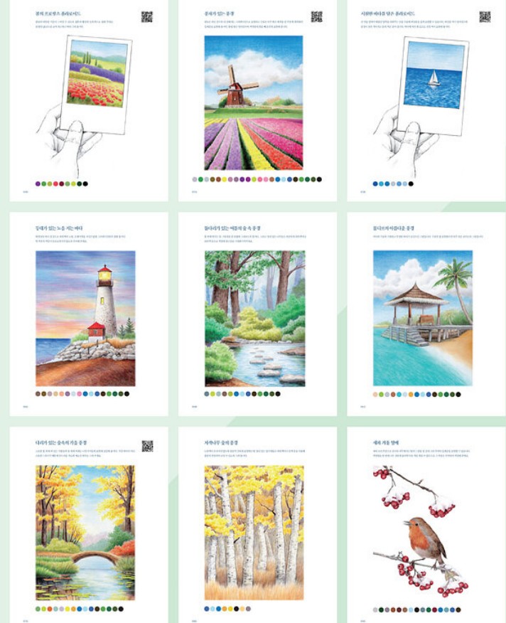 four seasons Colored pencil landscape painting Coloring Book