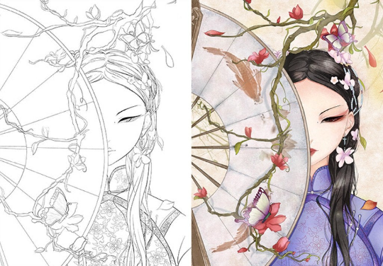 Chinese beautiful ancient Girl Line drawing and coloring book