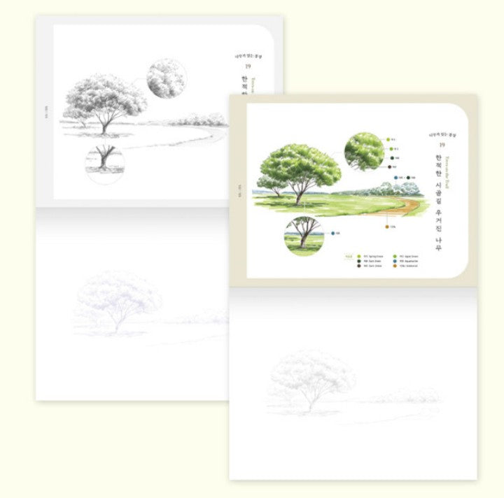 Tree landscape painting coloring book with Pencil and colored pencils